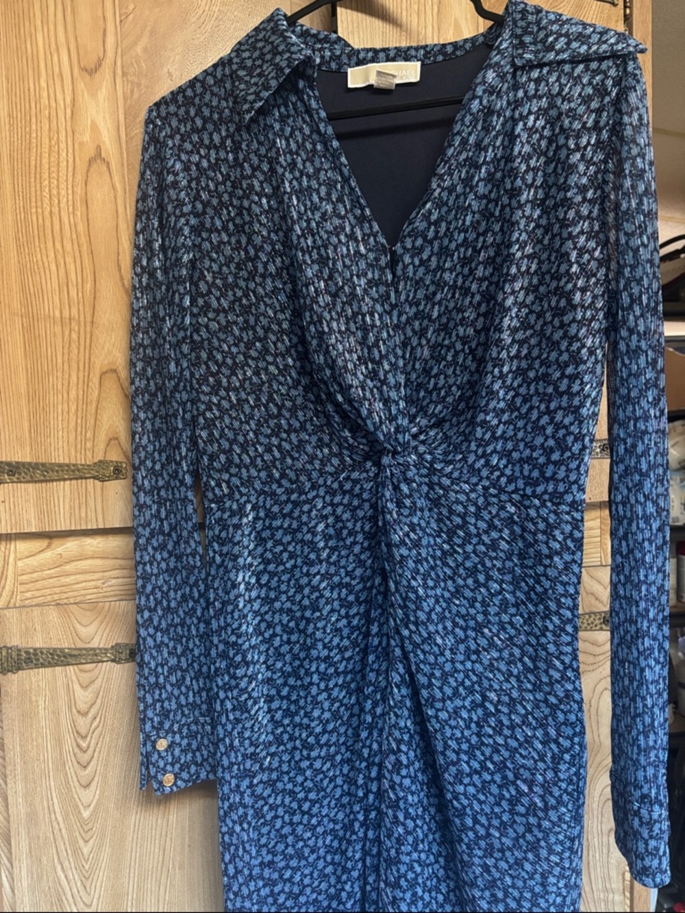 Blue Patterned Twist-Front Long-Sleeve Women's Dress